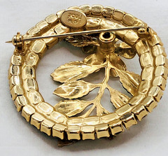 Vtg. HOBE Wreath Brooch w. Floral Enamel and Pale Green Rhinestones 1 5/8 In.