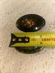 Vintage Hand Painted Russian Lacquer Brooches Signed Floral Folk Art Set Of 2