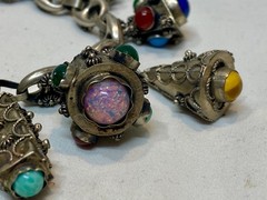 Italian Etruscan Revival 800 Silver Fob Charm Bracelet Semi Precious Stones