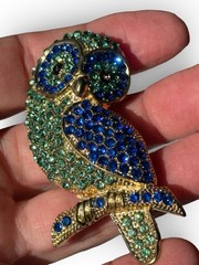 Vintage Gold Tone Owl Brooch Blue & Green Rhinestone Crystal Bird Pin Statement