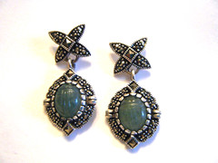 😍 VTG GREEN NEPHRITE JADE MARKASITE STERLING SILVER EARRINGS PIERCED NTD 3PT8