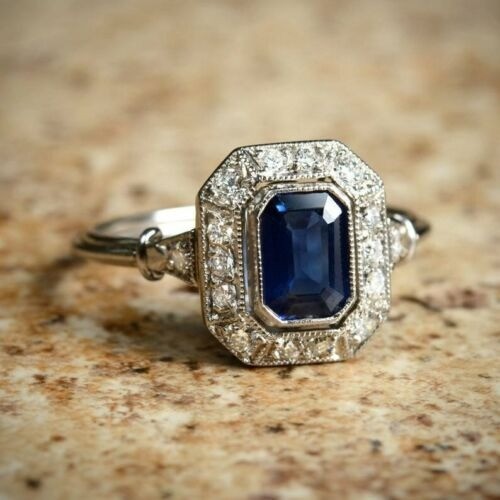 3.80 Ct Natural Sapphire Art Deco Vintage Engagement Ring 925 Sterling Silver