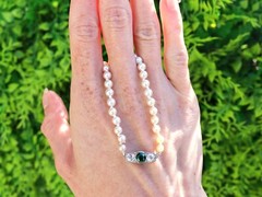 Single Strand Pearl Necklace with Sapphire, Diamond and 12k White Gold Clasp