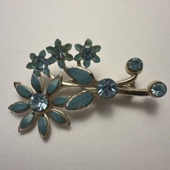 vtg Blue Rhinestone Enamel Floral Metal Brooch Pin