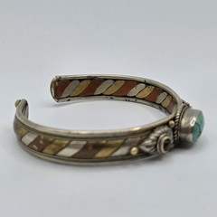 Vtg Tibetan Mixed Metal Cuff Bracelet Turquoise Garnet Tri Metal Nepal Bangle