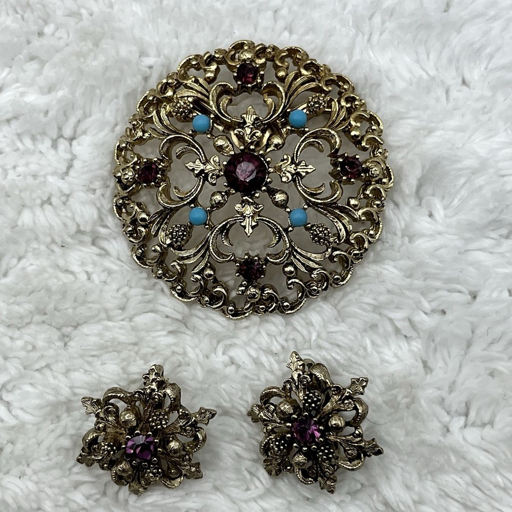 Vintage Filigree Brooch Clip On Earrings Jewelry Set Victorian Revival