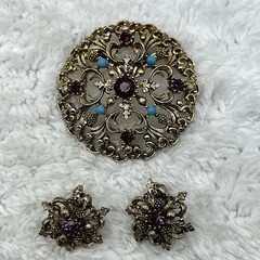 Vintage Filigree Brooch Clip On Earrings Jewelry Set Victorian Revival