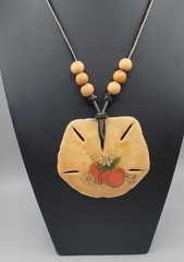 VTG Decoupaged Large Sand Dollar pendant necklace Wood Beads 28″ Leather Cord