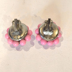 VTG Pink White Black Beaded Necklace and Clip‑On Earrings Set Multi‑Strand Japan