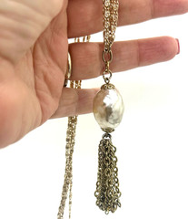Vintage Faux Baroque Pearl Pendant Necklace Gold Tone Opera Length