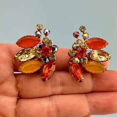 Vintage Rhinestone Clip On Earrings Orange Yellow Frosted Lucite Flower Climbers