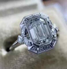 Art Deco Style 3.00Ct Emerald Lab Created Diamond Wedding Ring 14K White Gold FN