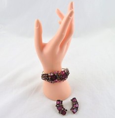 Vintage Rhinestone Clamper Bracelet Clip On Earrings Set Purple Rhinestones