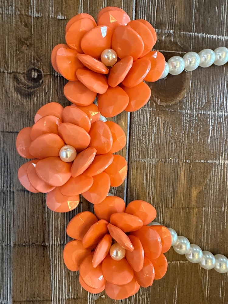 Bold Orange Bakelite Floral Statement Necklace with Pearl Accents Vintage