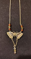 Vintage Cookie Lee Enamel Butterfly Necklace Amber Yellow Bead Drop Clasp Tag