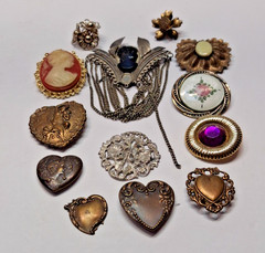 Lot of 13 Older Vintage Pendants,Button Covers,Cameo Brooche & Others