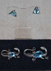 REJA Sterling SALAMANDER LIZARD Brooch Earrings AQUA GLASS BELLY Vtg Set Signed