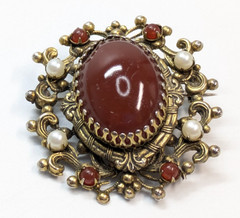 Vintage Chunky Red Glass Cabochon Brass Tone Regal Style Brooch Pin 2″