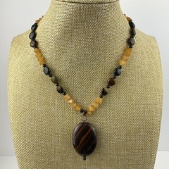 Vtg Genuine Brown Gold Tiger Iron Pendant Yellow Citrine Beaded Necklace Sz 17″