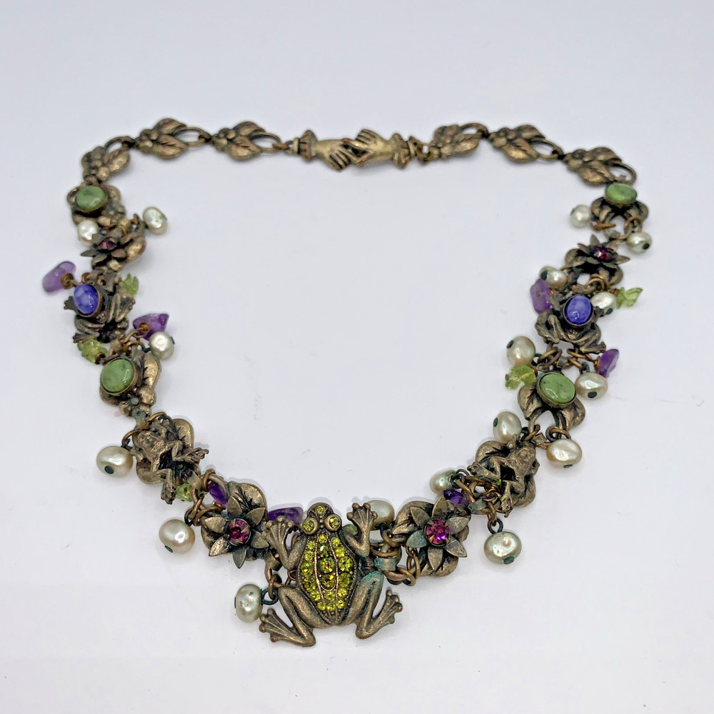 La Contessa Mary DeMarco Vintage Pewter Frog Whimsical Charm Statement Necklace