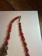 Vintage Roxsann Beaded Red Brass Flowers And Heart Pendant Necklace Chunky