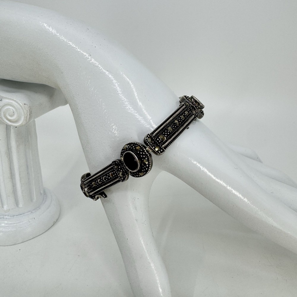 Vintage Sterling Silver 925 Marcasite and Black Onyx Link Bracelet 7.5 Inches