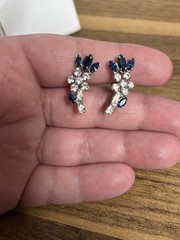 Vintage B. David Blue & White Rhinestone Flower Clip On Earrings
