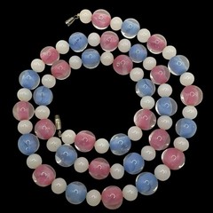 Vintage Art Glass Necklace 22” Pastel Pink Blue White Beads Barrel Clasp