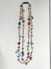 Handcrafted Boho Fun Chunky Glass Beads Charms Long Necklace New NWOT 34″ Fish