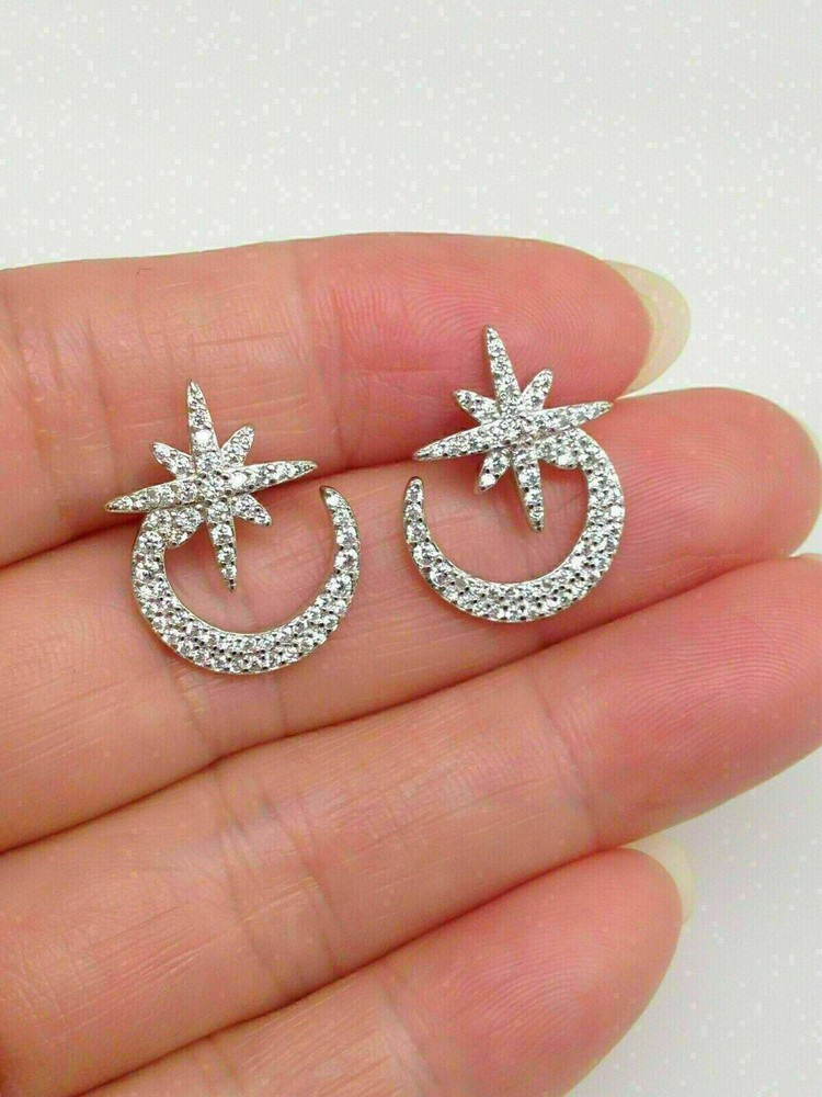 Moon Star Stud Women’s Earrings 2.3 Ct Simulated Diamond 14K White Gold Over