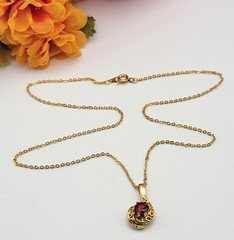 Vintage Red Cubic Zirconia Pendant Necklace Gold Tone 18″