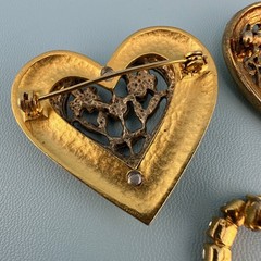 Vintage Heart Brooch Lot Gold Silver Tone Rhinestone Filigree Open Work Ribbon