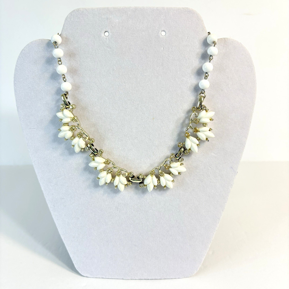 Vintage 50s Bogoff Necklace White Milk Glass Rhinestones Goldtone 16″ Adjustable