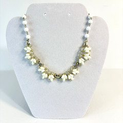 Vintage 50s Bogoff Necklace White Milk Glass Rhinestones Goldtone 16″ Adjustable