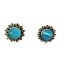 Vintage Sterling Silver Cat’s Eye Blue Glass Cabochon Earrings – 21 mm Diameter