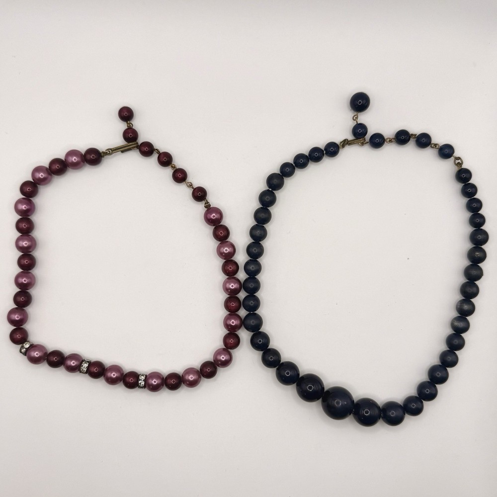2 Vintage Faux Pearl Necklaces Blue Pink Burgundy Beaded Rhinestone