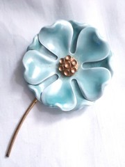 Vintage large enamelled turquoise flower brooch, 3.75 inches