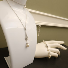 Art Deco jewelry set earrings bracelet necklace ivory faux pearls clear crystals