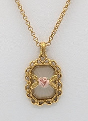 Vintage 1928 Porcelain Rose Frosted Glass Pendant Necklace Gold Tone Pink Flower