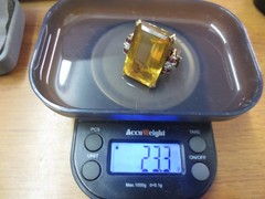 Vintage 14KT Solid Yellow Gold Huge (26mm x 17mm) Yellow Topaz Ring w/ Ruby & Di