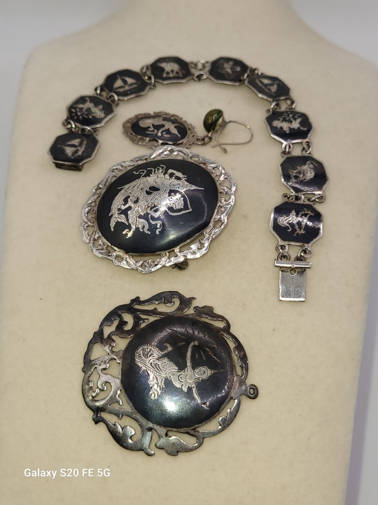Vintage Sterling Silver Siam Niello Set Bracelet Pendant Brooch + Bonus 925