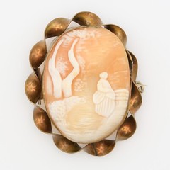 Antique Victorian Rebecca at the Well Hand-Carved Cameo GF Brooch Pair 1880s