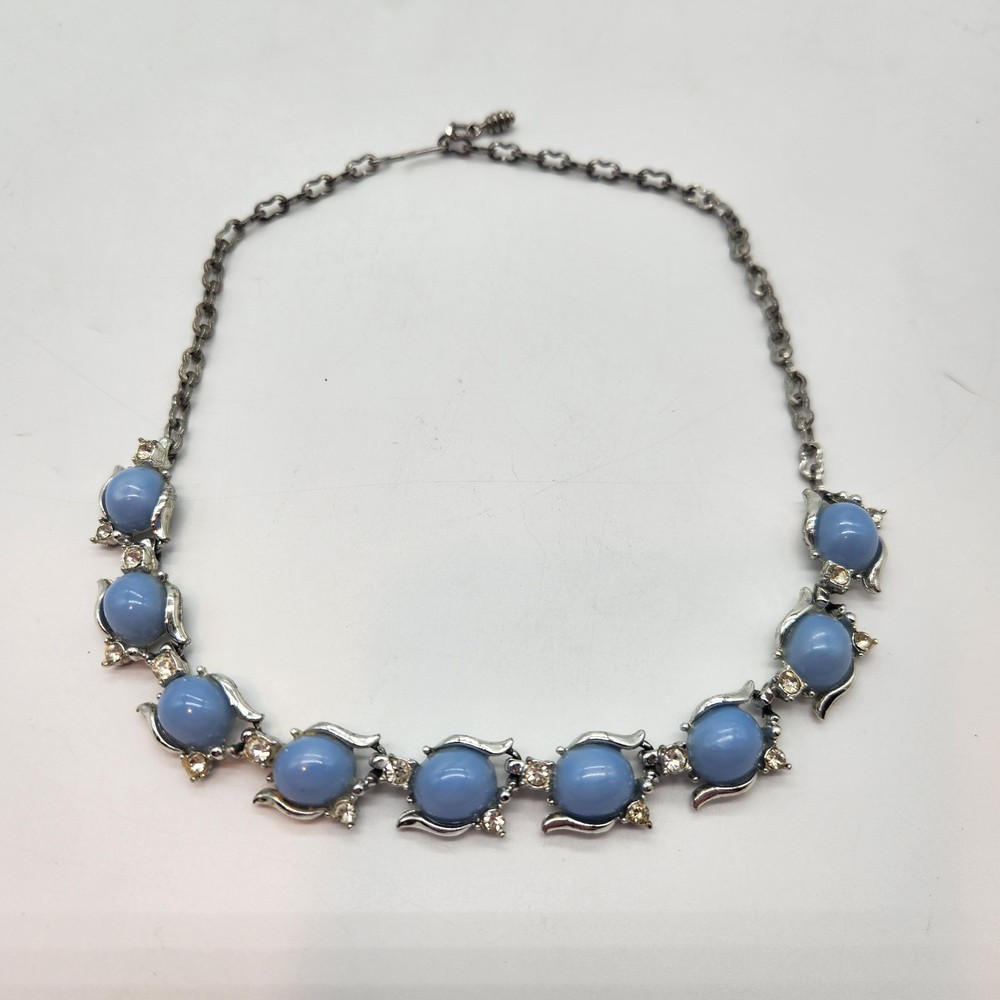 Vtg Blue Cabochon Rhinestone Necklace Silver Tone Mid Century Statement Choker