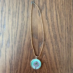 Vintage, Hand-Painted Flower Pendant Necklace on Genuine Leather Cord, 15” (L)