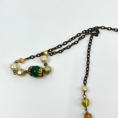 Vintage Earth Tone Beaded Necklace Green Gold Faux Pearl Bronze Tone Chain Retro
