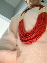 VINTAGE TAMBA GLASS BEADED Coral Necklace With IVORY insets.