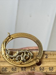 53. Vintage Miriam Haskell Gold tone Faux Pearl Oval Open Work Pin 45mm. As Is