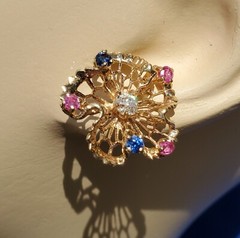 Original EARTH MINED DIAMOND Sapphire Ruby Deco Earrings Vintage SOLID 14K GOLD