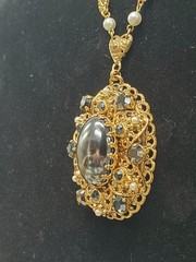 Vintage West Germany Filigree Hematite Cabochon Necklace Pendant