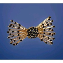 Warner Black Rhinestone Gold Tone Bow Brooch Pin Vintage 2.5 Inches Signed